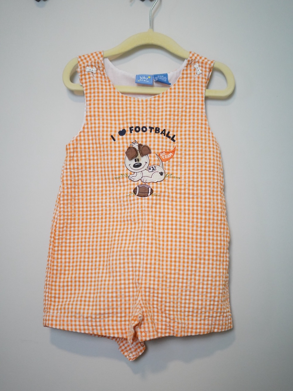 Orange Gingham Puppy Football Romper - Sleeveless